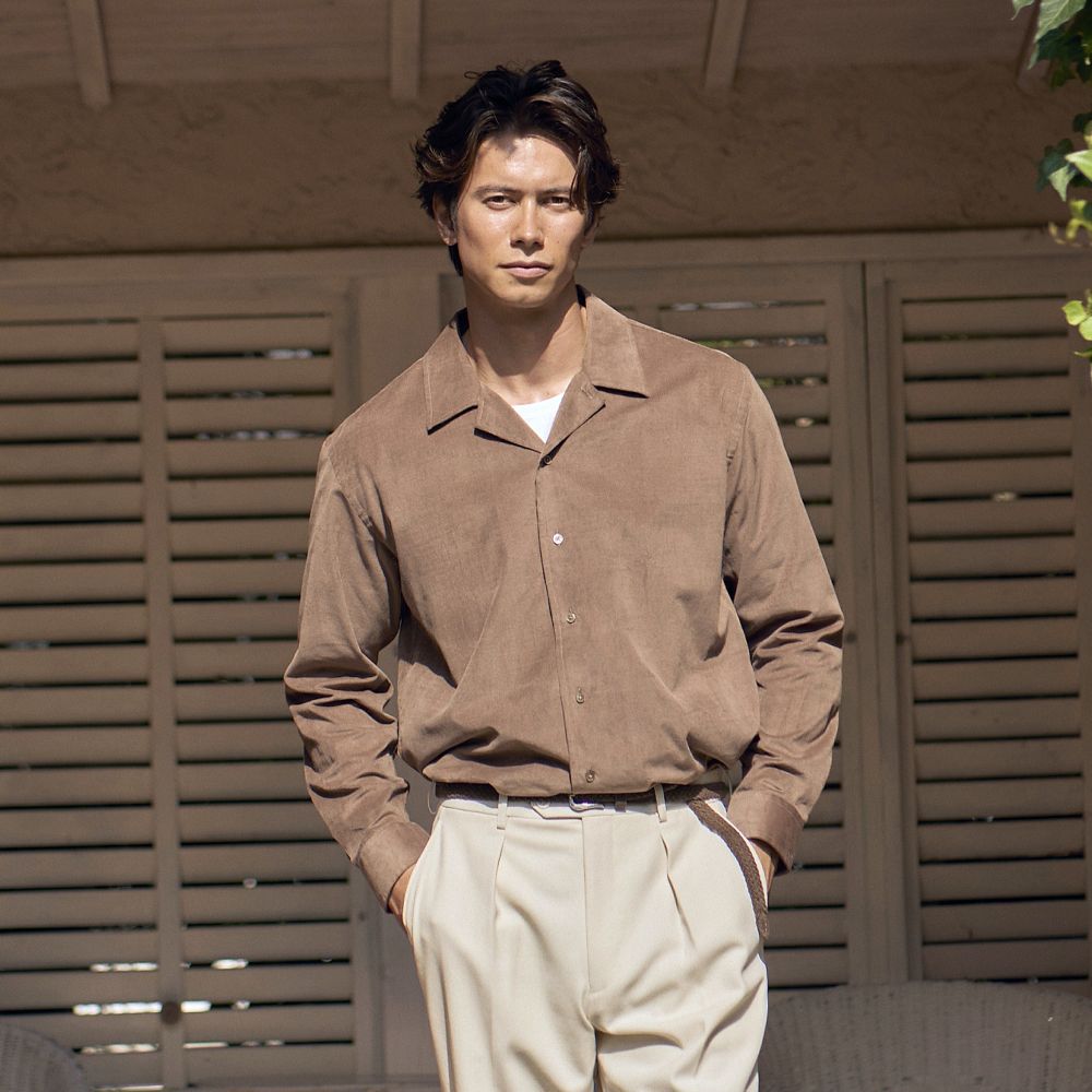 オープンカラーシャツ 28Wコーデュロイ ブラウン 長袖 M