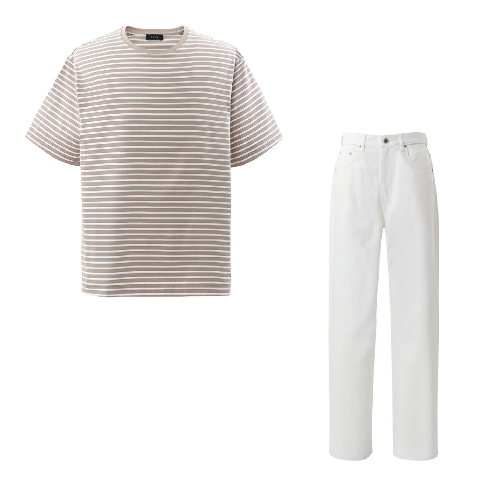 【Surf T-シャツ ボーダー ベージュ×ホワイト】＋【Journey 5-Pocket Pants ホワイト】コーディネートセット