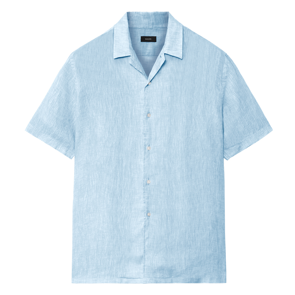 オープンカラーシャツ コットンリネン ブルー 半袖 M