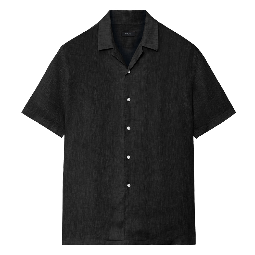 オープンカラーシャツ リネン ブラック 半袖 M