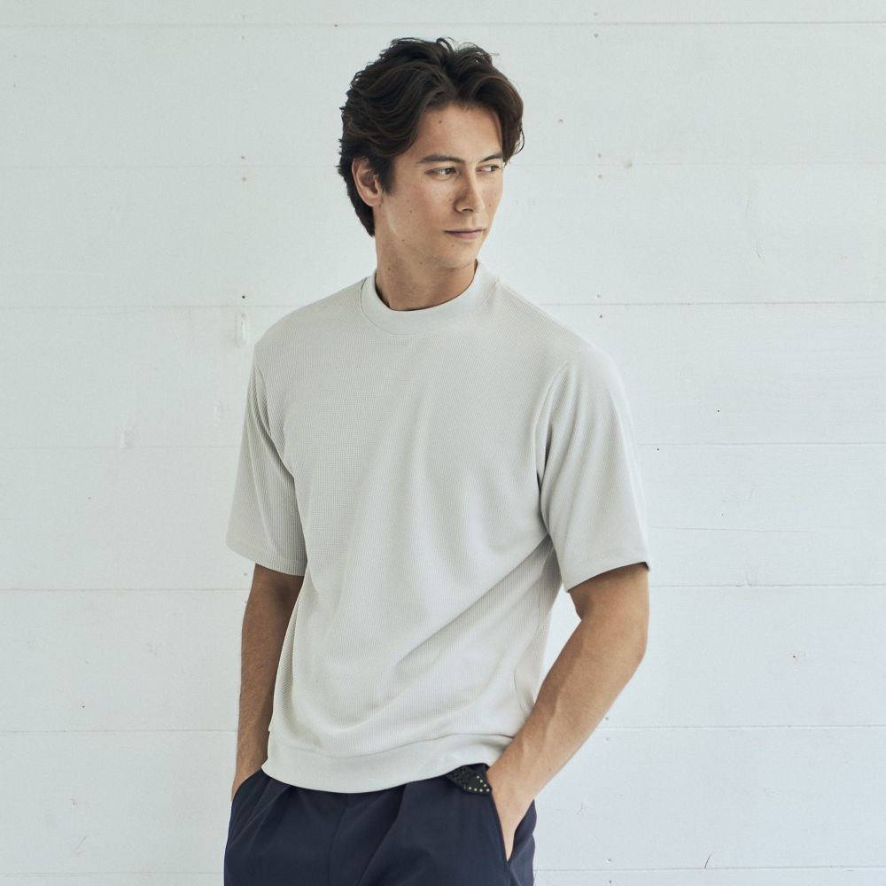 【NEW】Surf T-シャツ セミモックネック 半袖 ドライタッチポリエステル ワッフル ライトグレー M