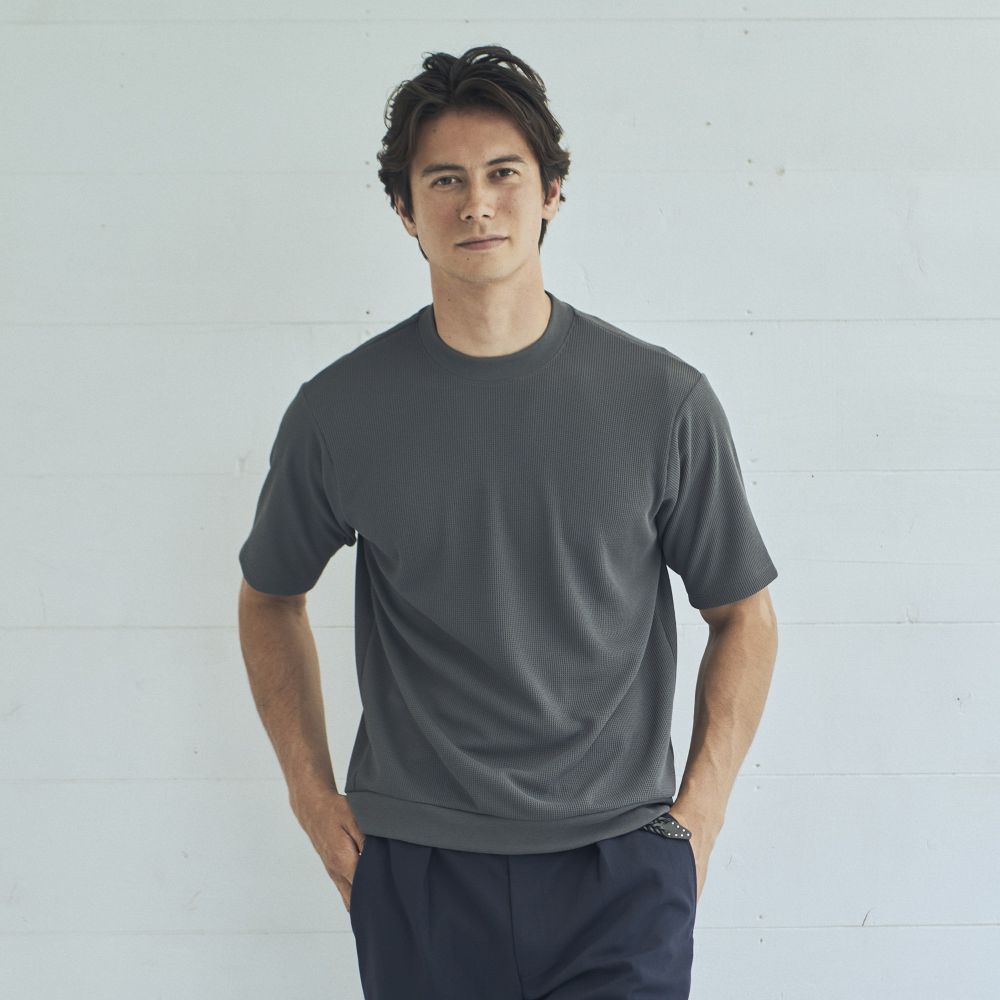 【NEW】Surf T-シャツ セミモックネック 半袖 ドライタッチポリエステル ワッフル チャコール M