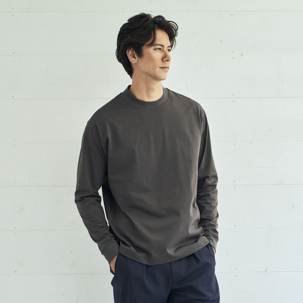 【再入荷】Mellow T-シャツ 変形モックネック ALBINIコットン 長袖 チャコール M