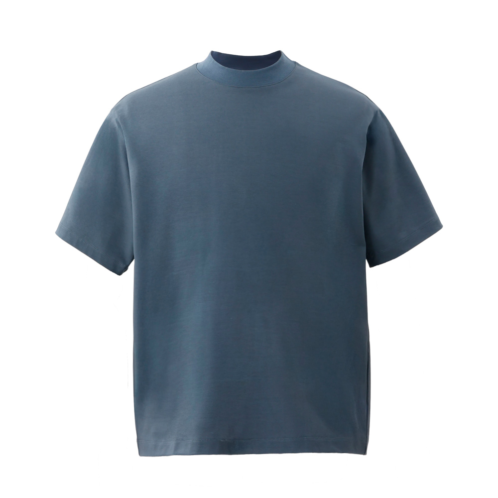 【NEW】Mellow T-シャツ 変形モックネック ワイドシルエット ALBINIコットン 半袖 ブルーグレー M